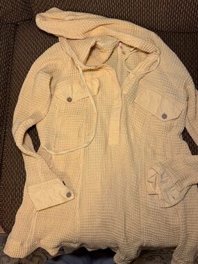 Free People Waffle-Knit Hooded Pullover in Soft Yellow